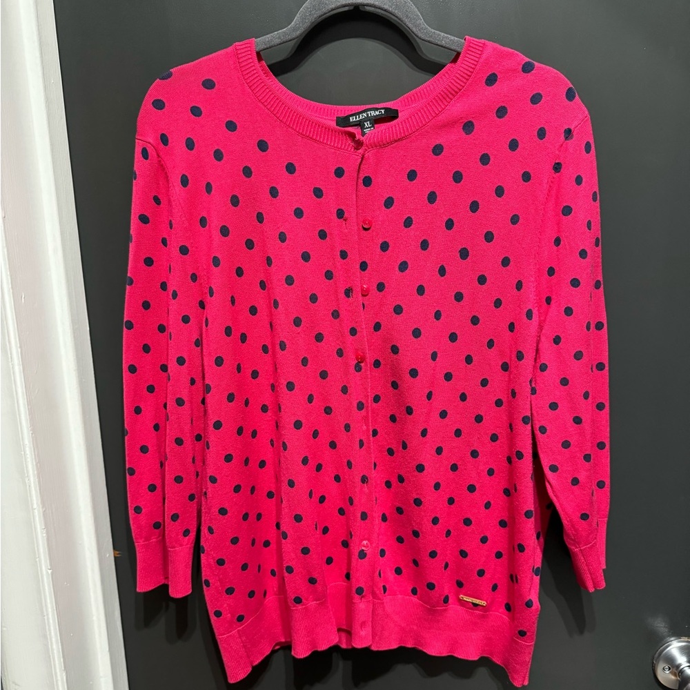 Pink and Navy Polka Dot Ellen Tracy Cardigan